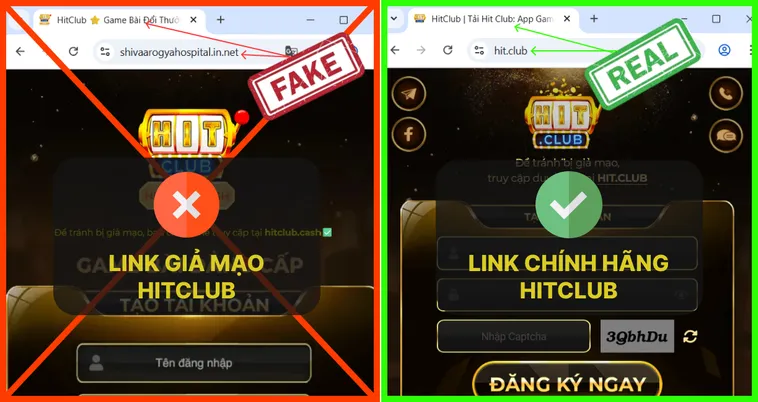 Trang chủ Hit.Club thật có giao diện gọn gàng, bố cục cân đối, còn trang giả Hit.Club thường lộn xộn và thiếu chi tiết.