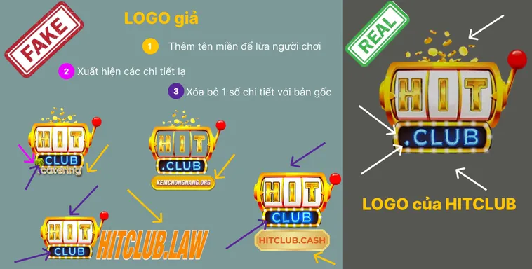Logo trên trang chủ Hit.Club thật sắc nét, màu sắc chuẩn, còn logo trên trang giả Hit.Club mờ hoặc lệch màu.